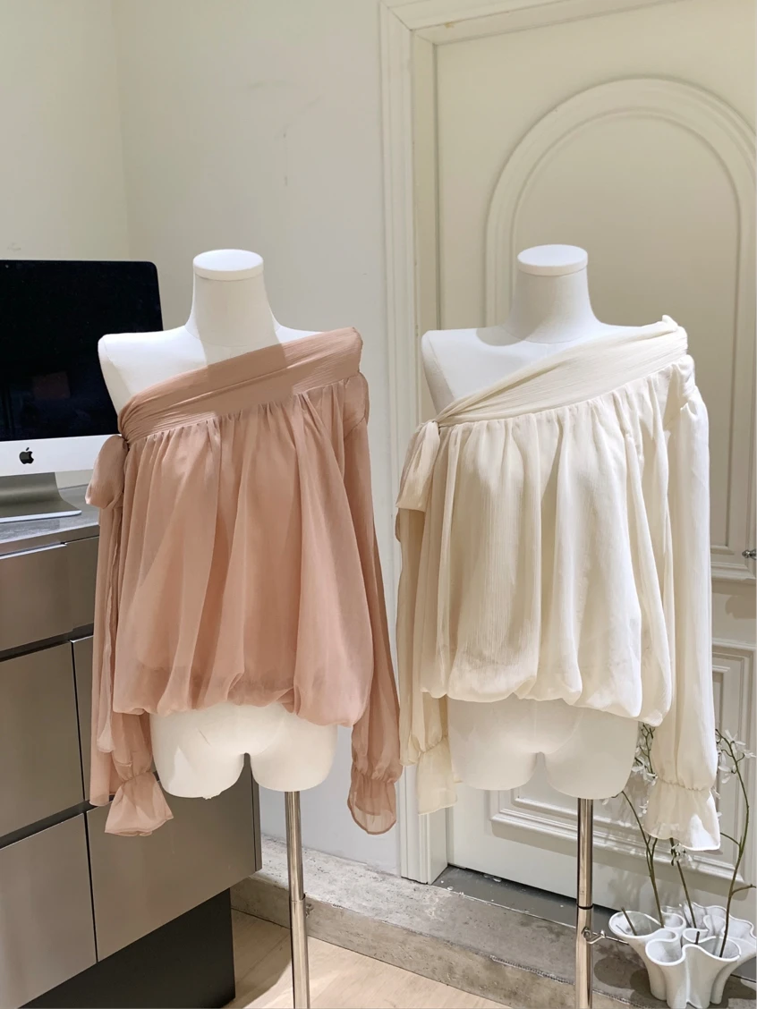 

Women's Summer Autumn Sweet Skew Collar Off Shoulder Long Sleeve Blouse Lady Solid Color Pullover Loose Shirt Top