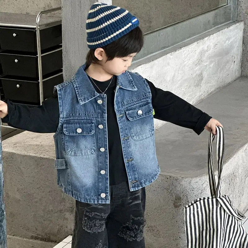 2025 New Boys Spring Autumn Denim Vest Cartoon Style Baby Boy Autumn Waistcoat Trendy Outerwear