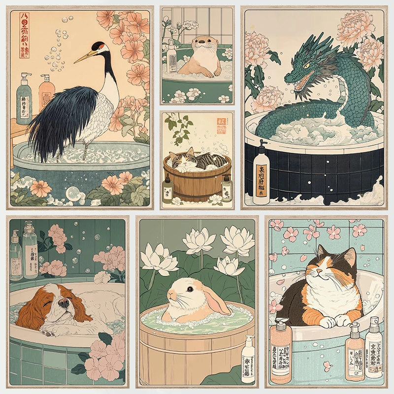 Chinese Dragon Crane Tiger Tabby Cat Bathtub Posters Prints Canvas Painting Wall Art Picture Living Room Playroom Home Decor