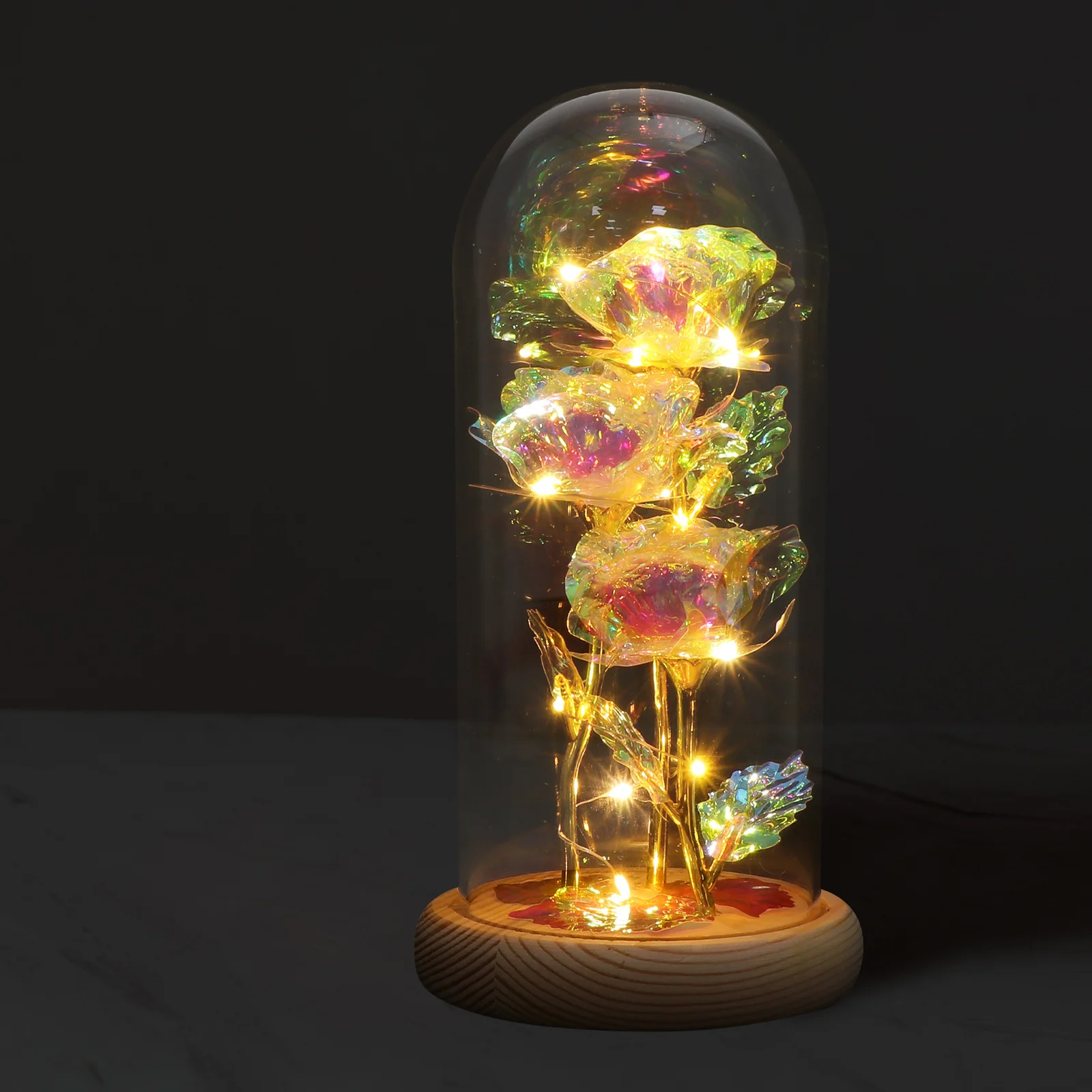 1Pcs Gold Foil Rose Glass Dome Decorative Desktop Ornament Exquisite Flower Cover Luminous Romantic Flower Glass Decor Gift