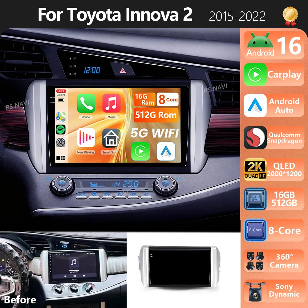 Android 16 Carplay Auto Qualcomm 2K QLED Screen Car Radio Player For  Toyota Innova 2 2015-2022 DSP Multimedia Stereo BT Wifi 4G