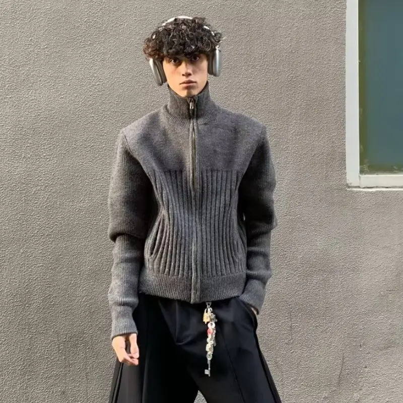 

Zippered High Ne Knit Sweater Men's Loose Fit Vintage American Lazy Sle Retro Feel Cardigan Outerwear for Youth Daily Wear