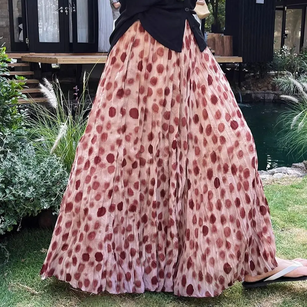 Women's Summer Lightweight Casual A-Line Skirt Pink Polka Dot Print Elastic Waist Full Skirt Design Pleated Ankel-length Skirt