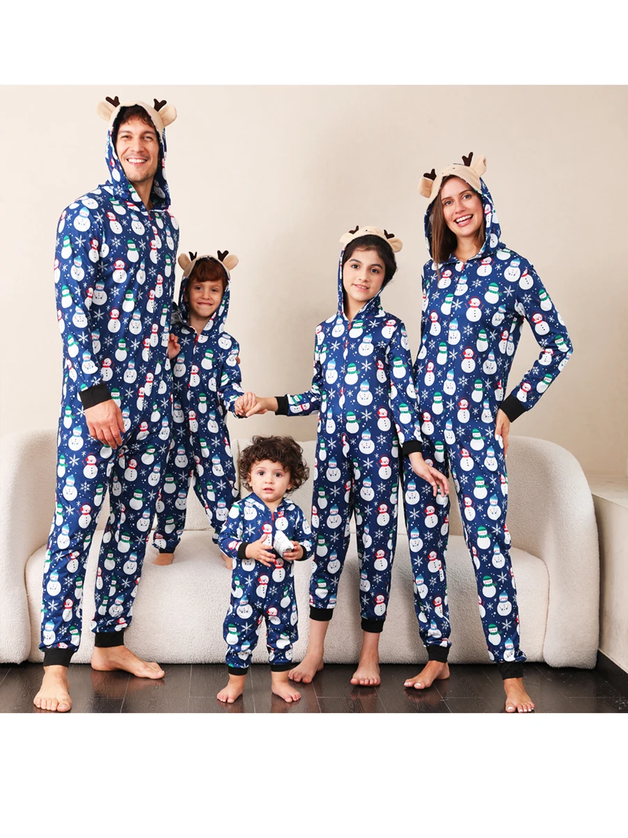 

Family Matching Christmas Snowman Print Hooded Long Sleeve Jumpsuits Pajamas Winter Rompers Sleepwear s with Zipper