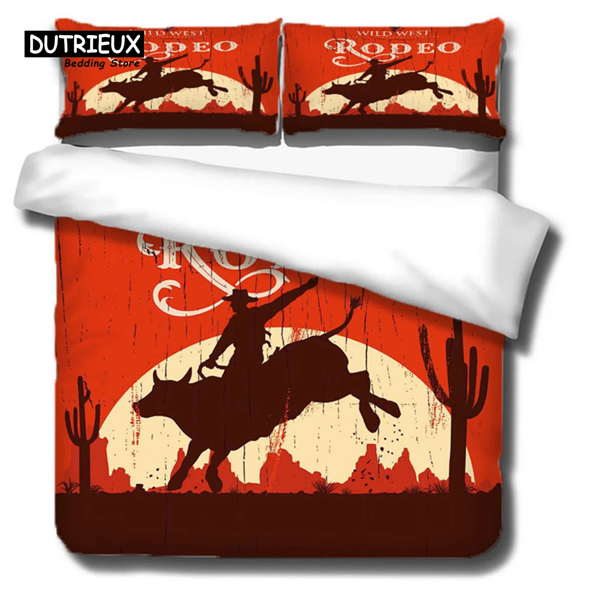 Horse Duvet Cover Vintage Rodeo Cowboy Riding Bull Wooden Old Sign Western Style Wilderness at Sunset Image Bedding Set For Boys