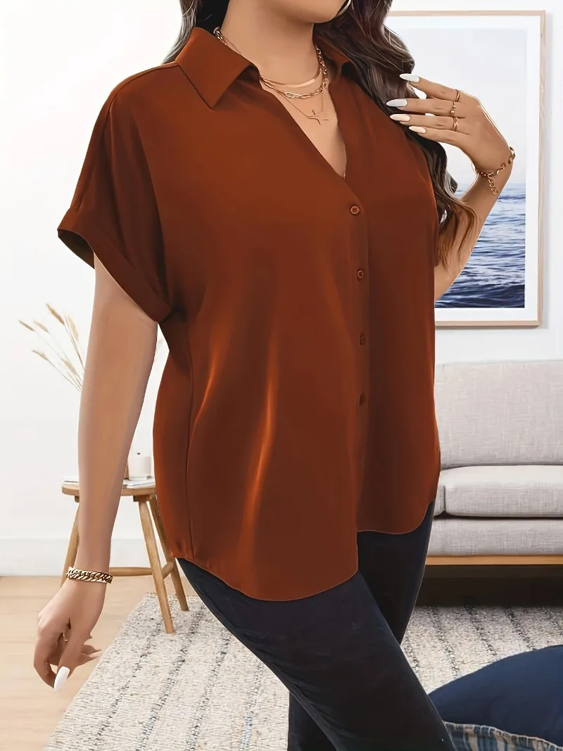 Plus Size 1XL-5XL damska luźna i wygodna koszula z dekoltem w szpic z krótkim rękawem