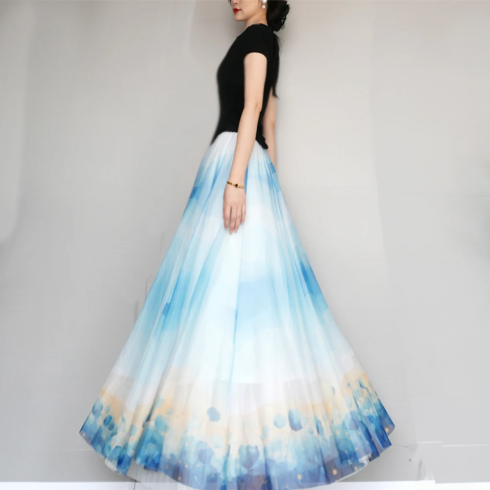 

Ele Square Dance Skirt with adient Large Flower Print Chiffon Elastic Waist Dra f-length A-line Skirt for All Ages