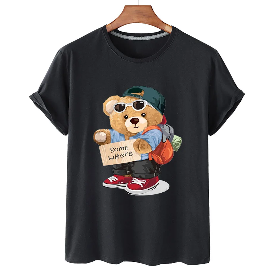 100% Cotton Mountaineering Bear Print Short Sleeve T-shirt Women's Summer Women's Casual T-shirt Unisex Short Sleeve T-shirt