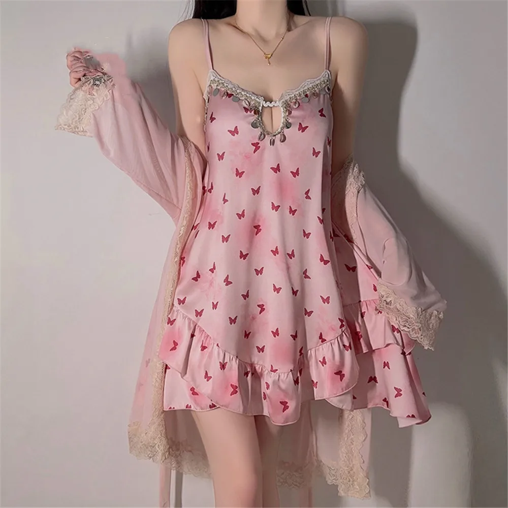 

Розовый комплект из 2 предметов: женский сексуальный халат с принтом бабочек, ночная сорочка, сетчатый халат, летняя домашняя одежда, атласная пижама