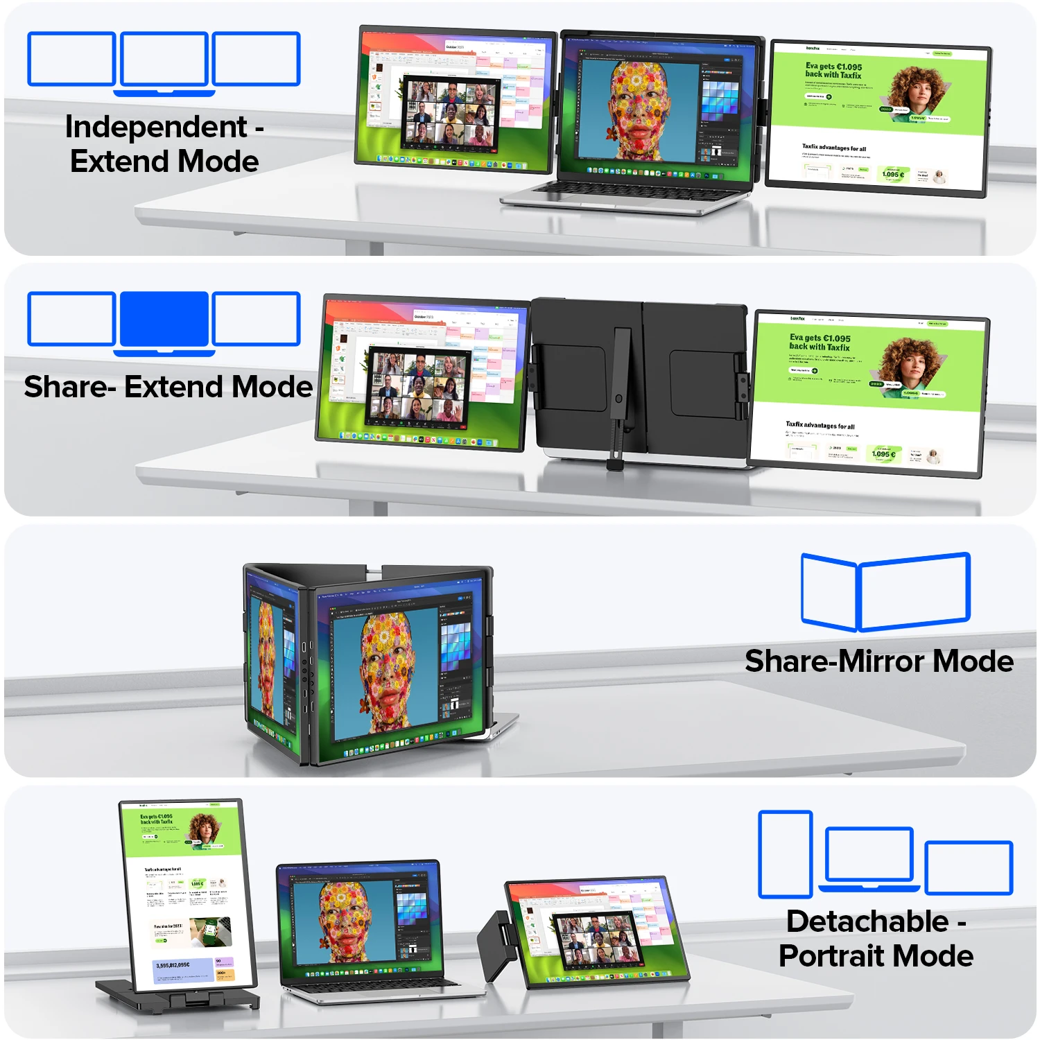 Imagem -03 - Uperfect 14 2k Monitor Triplo Portátil com Suporte de Rotação de 360° 2240x1400 Qhd Ips Extensor de Tela para Laptop para Windows Chrome Mac Switch Ps5 Dex Android