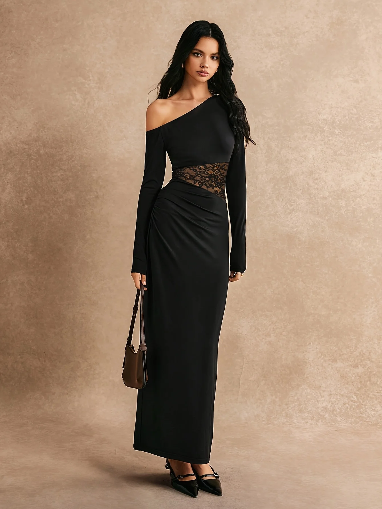 فساتين للنساء جديد كم طويل انحراف طوق شق المرأة فستان سليم الأسود الدانتيل فستان طويل المرأة Vestidos De Verano Mujer Q1893