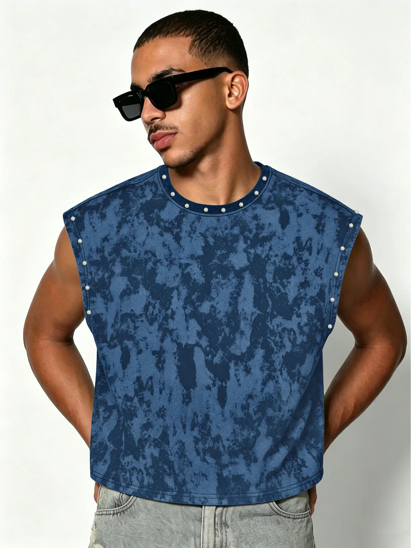 Herren Tie-Dye Ärmelloses Tanktop, Imitationsperlen-Street-Weste, Personalisierte Tanktops, Ärmelloses T-Shirt für Männer – Detail 9