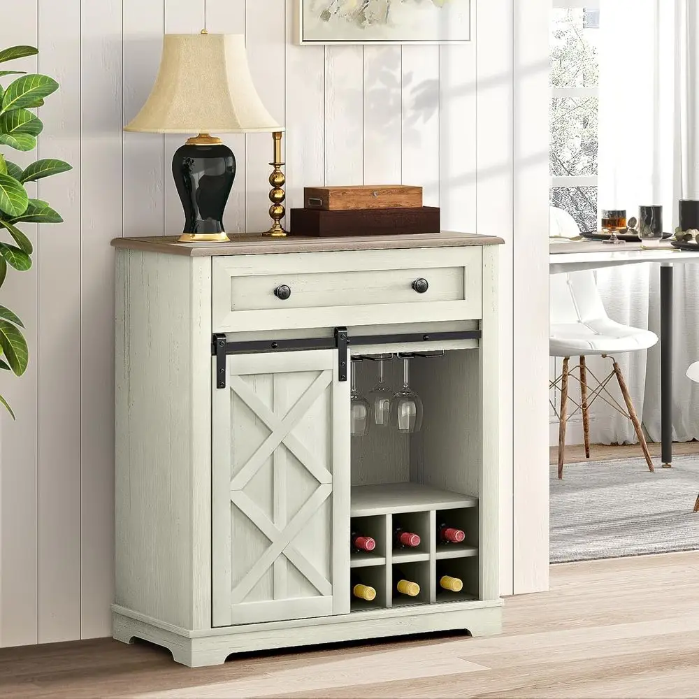 

Винный шкаф в деревенском стиле, 32 дюйма, с раздвижной дверью-амбаром, цвет античный белый