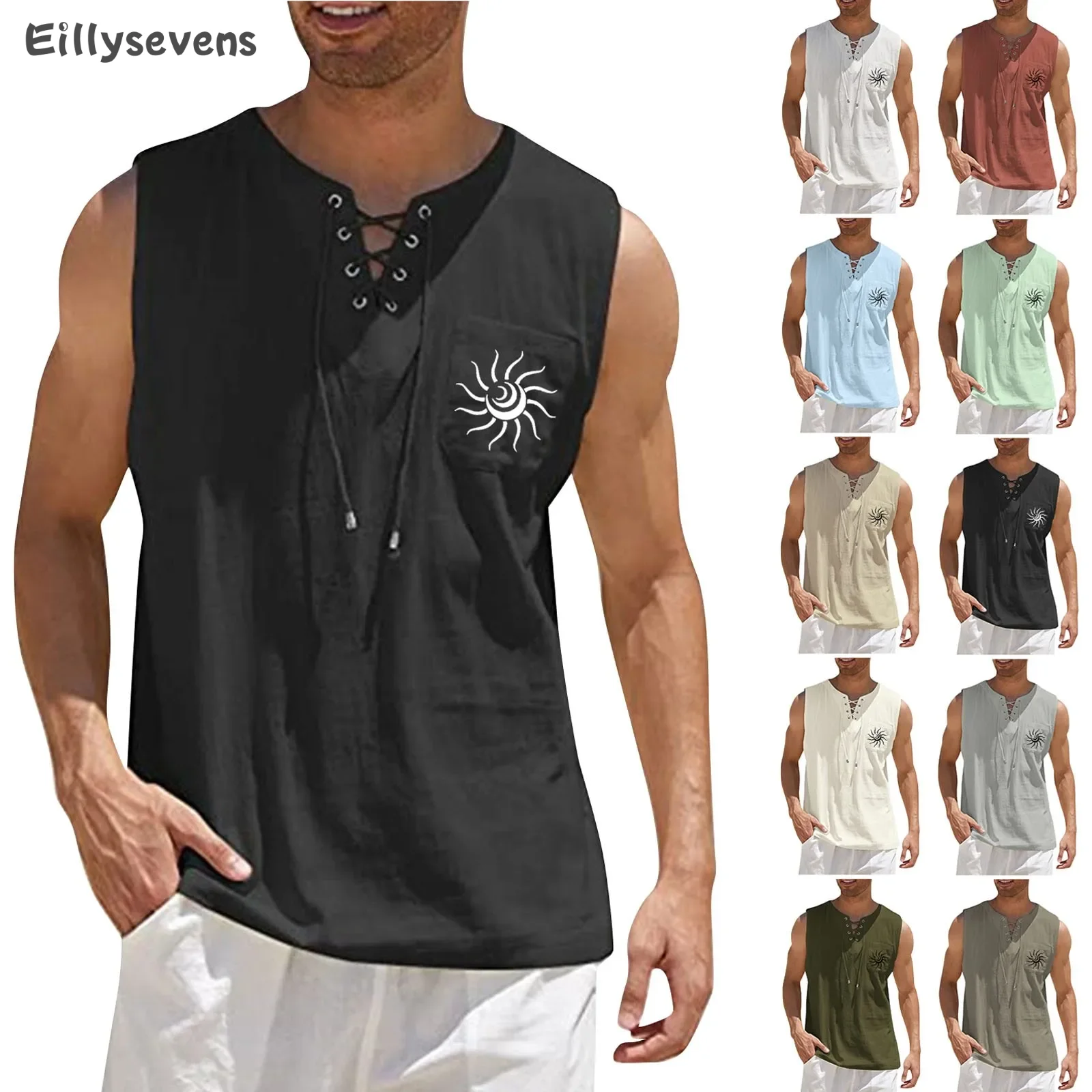 men's sleeveless shirts Printed Blouse tie neck design Casual Loose Cotton Linen breathable Shirt Vest Beach Tops hawaii camisas