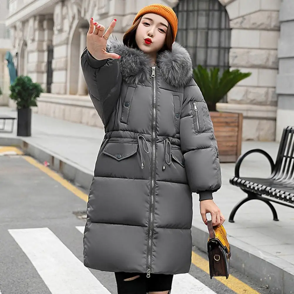 Women Jacket Stylish Women\'s Winter Jacket with Furry Hood Drawstring Waist Zipper Closure Mid Length Windproof Down for Weather