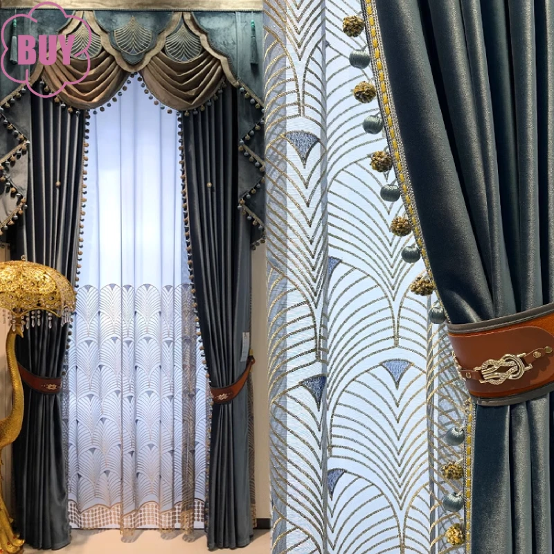 

High End Embroidery Gauze Blue Velvet Blackout Curtains for Living Room Bedroom French Window Balcony Customized Products