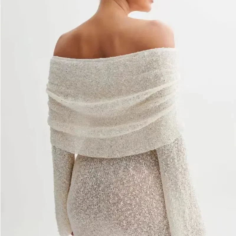 Mini abito lavorato a maglia sexy con spalle scoperte da donna vedere attraverso abiti femminili elastici a maniche lunghe 2025 abiti da donna alla moda estiva