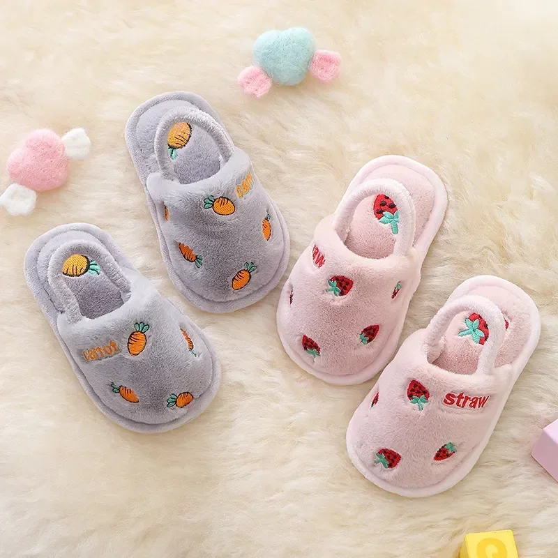 2023 Baby Autumn Winter Children Girls Fruit Print Indoor Home Fleece Fur Warm Slippers Boys Kids Non-Slip Toddler Cotton Shoes