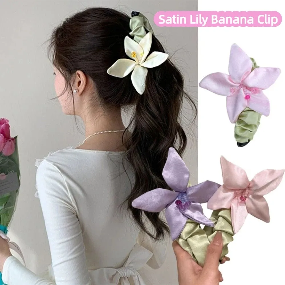 

Non-Slip Satin Banana Clip Large Size High Ponytail Flower Hair Clip Hair Accessories Korean Style Cloth Vertical Clip Girl