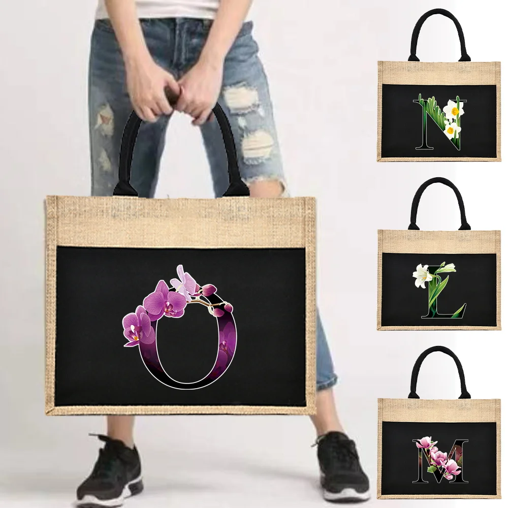 Jute Handbag Shoulder Bag Sacks Jute Imitation Sacks Linen Bag Women Shopping Laminated Bag Transparent letters and flowers 2023