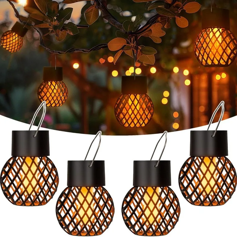 Outdoor Solar Powered Small Hanging Ball Flame Lamp Hollow HangingTree Branch Atmosphere LED Lamp Courtyard Garden Pendant Light