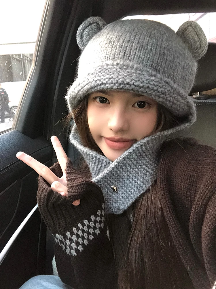Cute Bear Knitted Woolen Hat Women's Autumn Winter Sweet Large Head Size Face Slimming Warmth Protection Ear Warm Hat