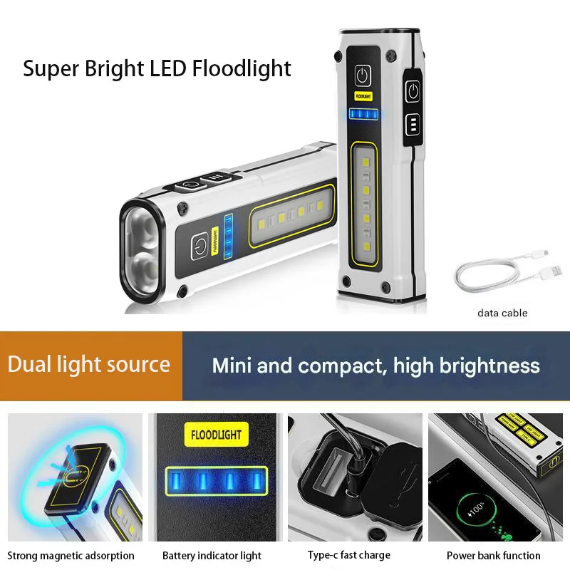 NEW Super Bright LED Source Flashlight Work Lamp with Magnet Alarm SOS Key Chain Power Bank Waterproof Emergency Flashlight