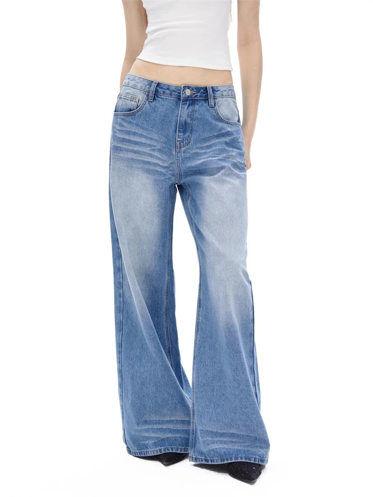 

Women's Crease Pattern Wide Legs Jeans High Waist Large Size Trousers Cool Girl Casual Bottoms Female Summer Solid Color Pants