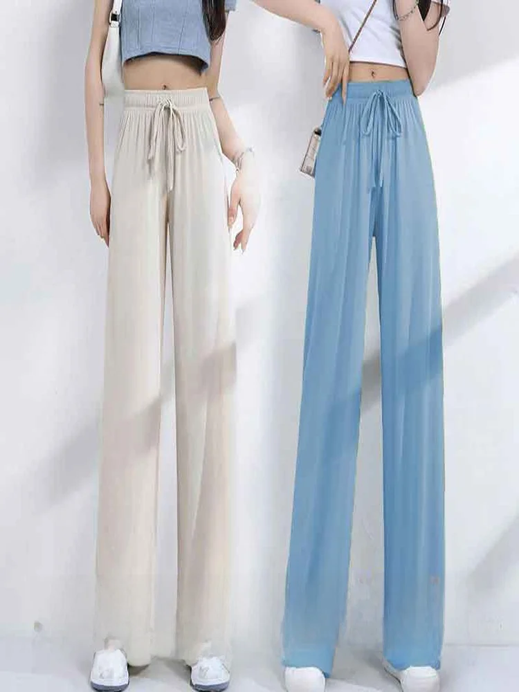 

Summer Ice Silk Wide Leg Pants Women's New 2025 Pocket Creamy Drape Casual Pants Small Size High Waist Slimming
