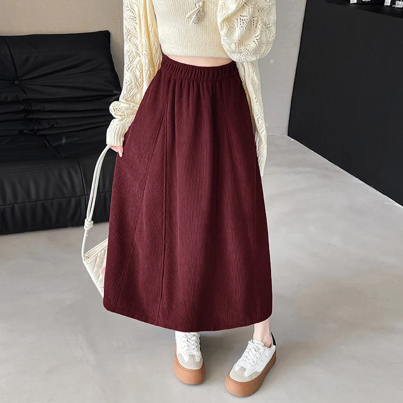 2025 Vintage Cord Lange Röcke Frau Elastische Taille Harajuku Große Schaukel Midi Rock Herbst Winter Koreanische Beliebte frauen Kleidung