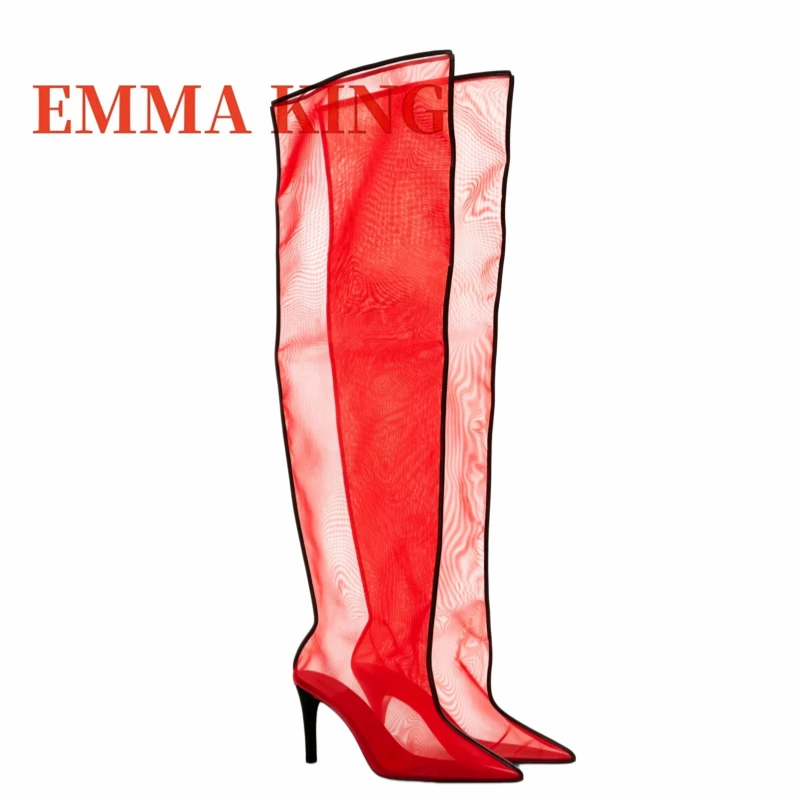 

Women’s Mesh Thigh High Boots, 10cm Stiletto Heel Over-the-Knee Boots, Pointed Toe Slip-on Footwear,Ladies Dress Wedding Shoes