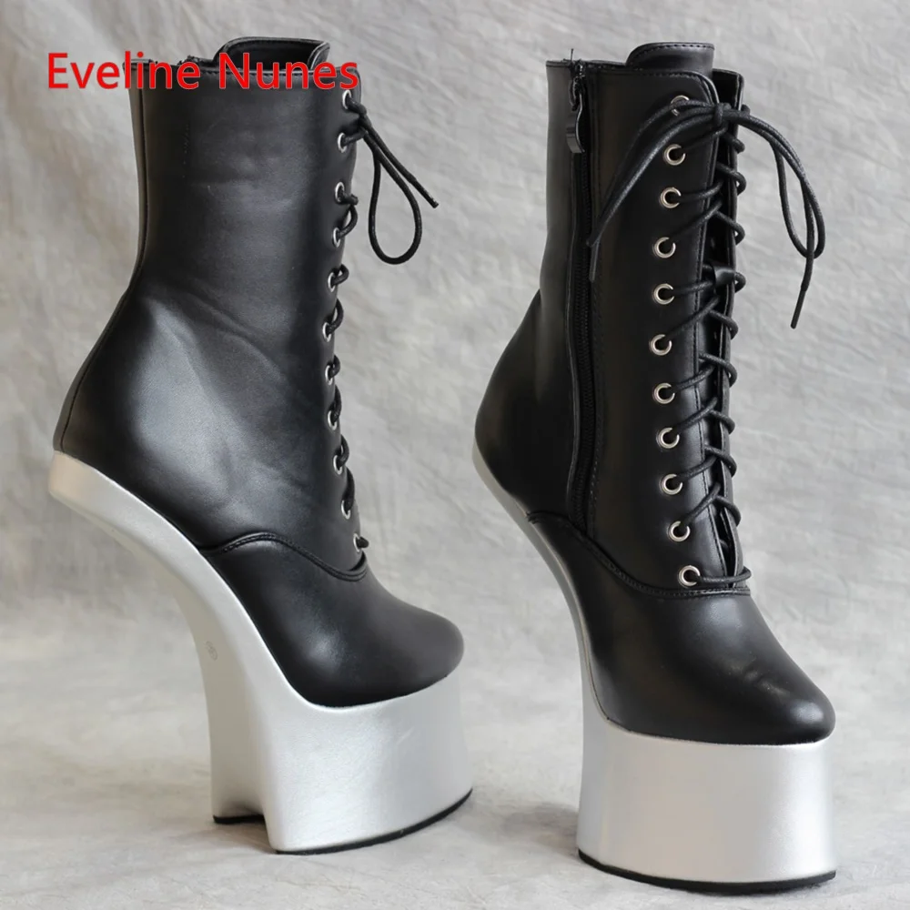 Black Nightclub Mid Calf Boots Women\'s Cross Straps Platform Round Toe Hoof Heel Cosplay Sexy Pole Dance Shoes For footwear