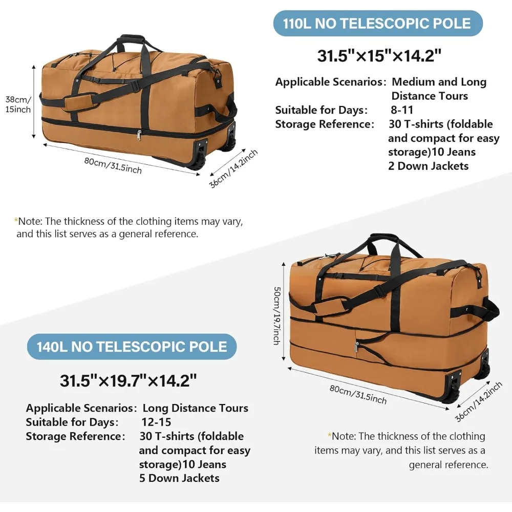 حقيبة سفر دوارة 110 لتر - 140 لتر قابلة للتوسيع، قماش أكسفورد 1680D، واق من المطر قابل للطي بعجلتين، بني #2