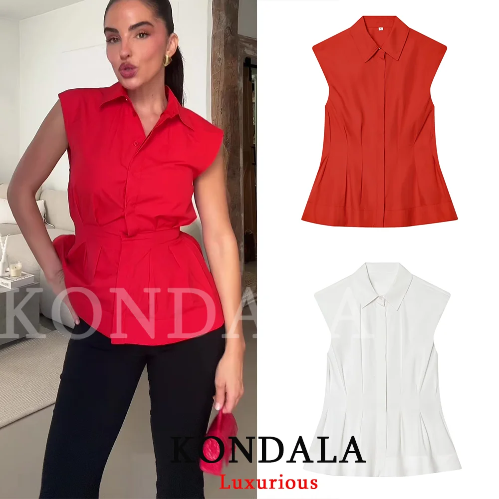 KONDALA Elegante Freizeitbluse für Damen, plissiert, einfarbig, mit Umlegekragen, einreihig, modisch, Frühjahr/Sommer 2026