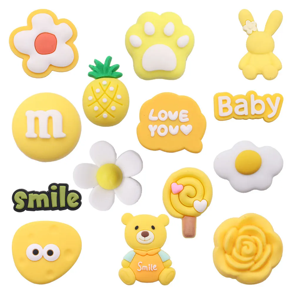 50Pcs Wholesale Yellow Series Smile Egg Dog Footprint Shoes Buckle Charms Kids Decorations DIY Adorable Backpack