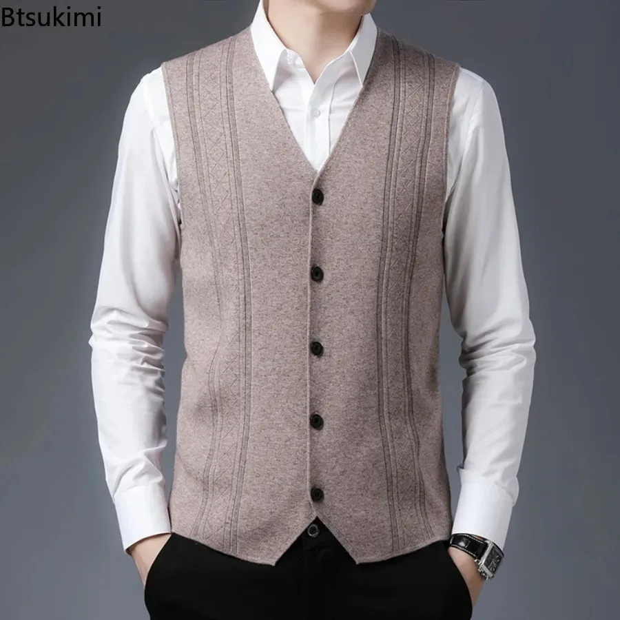 New Men's Casual Wool Vest Middle-aged Cardigan Sleeveless Knitted Single Breasted Cardigan Coats Fashion Knitted Jacquard Vest