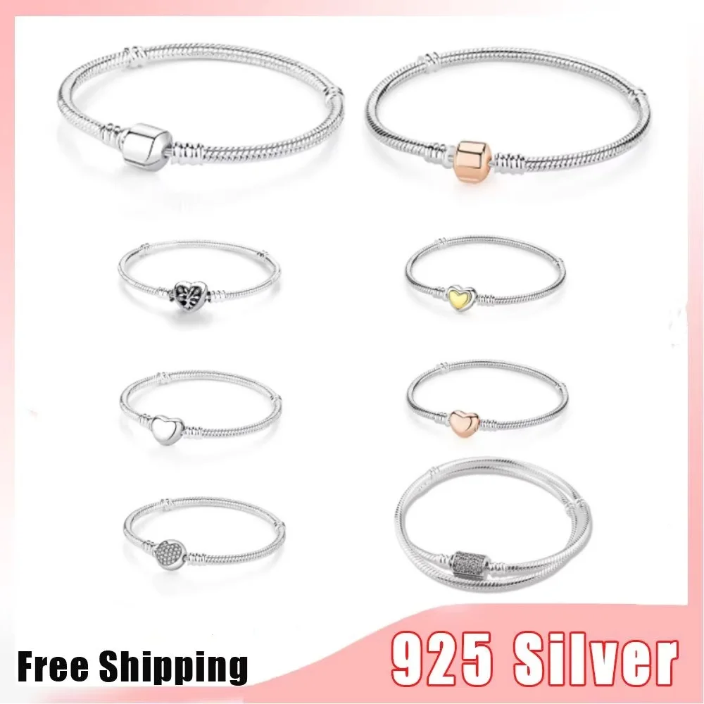 Originale 925 Bracciale In Argento Catena Del Serpente 17-21 cm Perla Cuore Zircone per Perline di Fascino Del Pendente Di Compleanno Creazione di Gioielli Regali