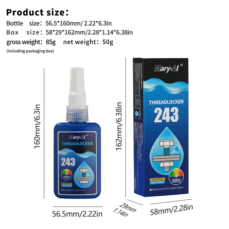 عالية الأداء 243 Threadlocker المسمار الغراء 50 مللي اللاهوائية الغراء موضوع قفل وكيل المسمار المثبت مع صندوق