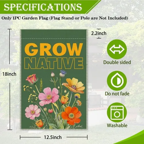 Grow Native Garden Flag, 12 x 18 Inch Double Sided Wildflower Yard Garden Law... YYZ