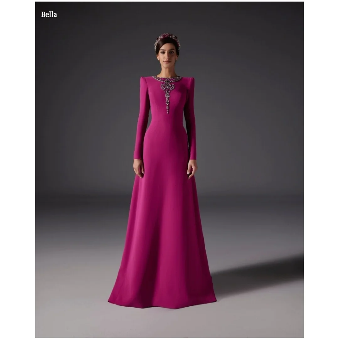 

Bella Customized Fuchsia Long Sleeve Crystal Embellished Prom Dress Elegant Party Dresses Floor-Length Formal robes de soirée