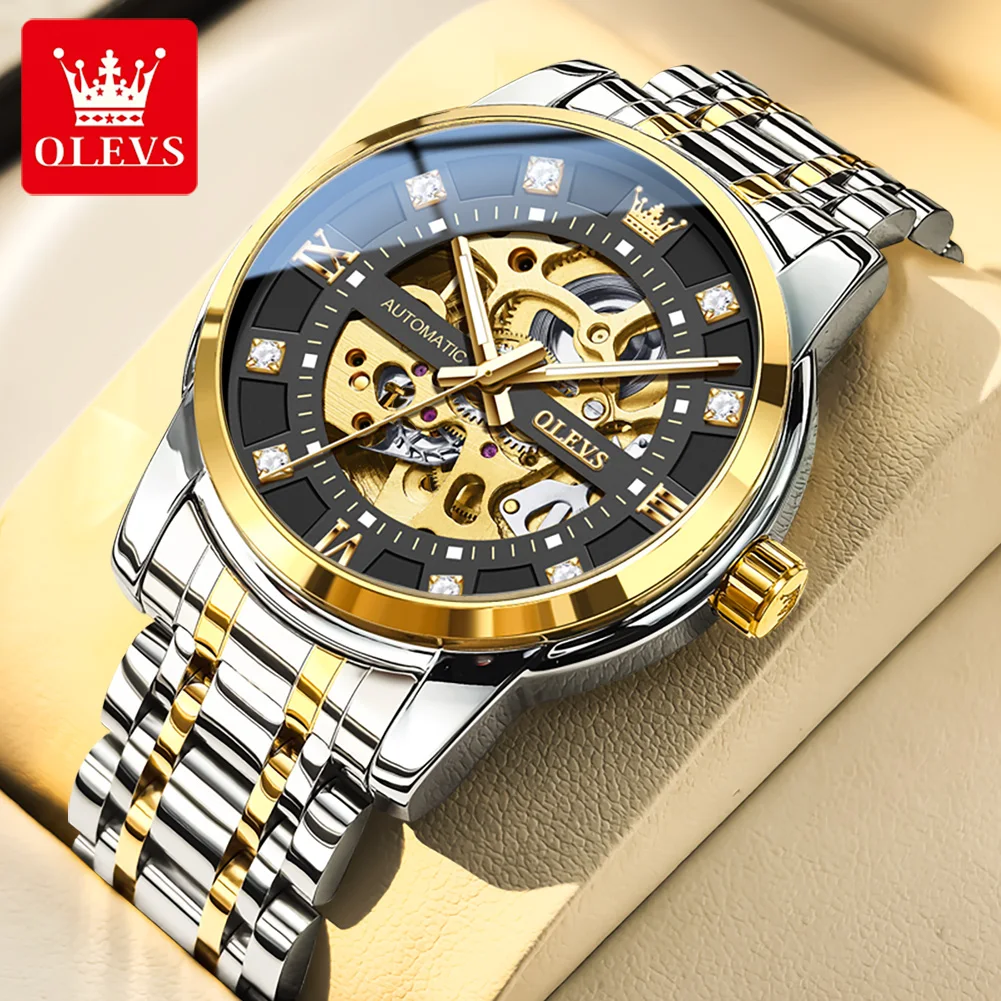 OLEVS 9901 Herrenuhr, luxuriöse Aushöhlung, mechanische Armbanduhr, wasserdicht, leuchtend, Edelstahl, modische Automatikuhr für Herren