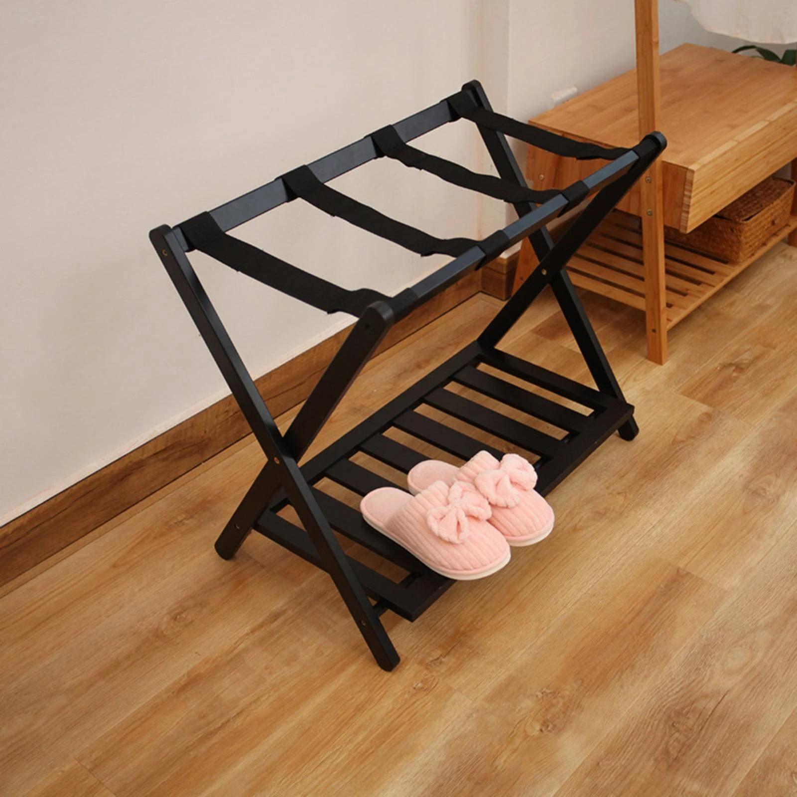 Bamboo Luggage Rack Foldable Luggage Holder with Shelf Suitcase Holder Stand Space Saving Hotel Furniture Heavy Duty