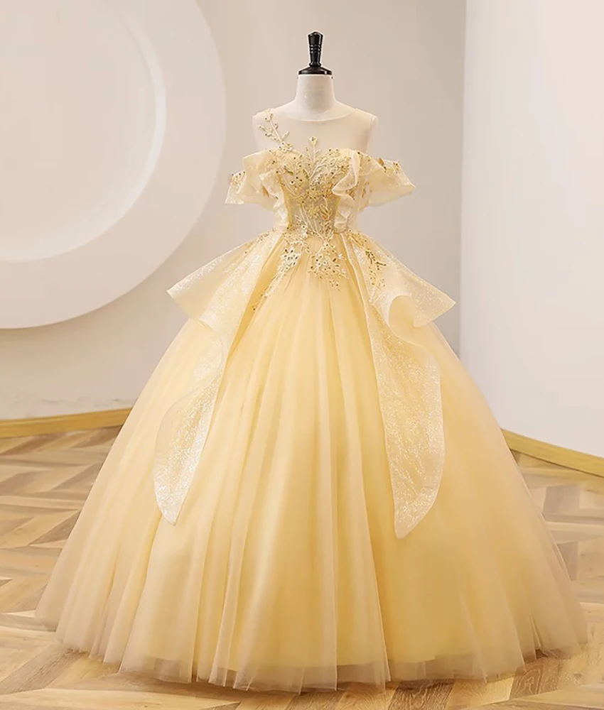 

Customized Graceful Tulle A-Line Off the Shoulder Appliques Sequined Beading Evening Dress Delicate O-neck Celebrity Gowns