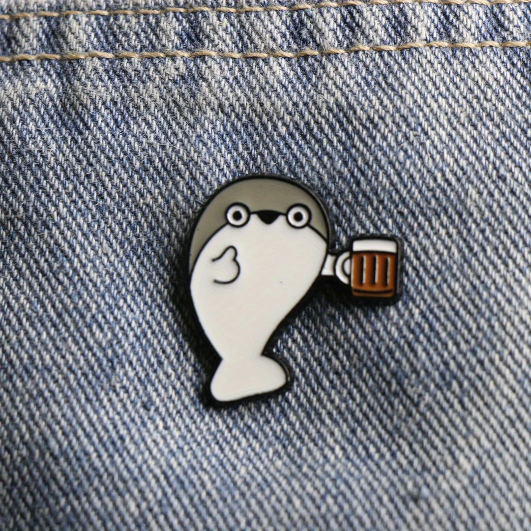 Cartoon Shark Drinking Beer Metal Enamel Pin for Fashion Lapel Brooch Backpack Badge Gift for Friends