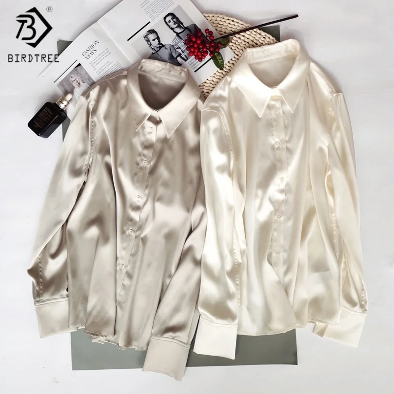 

Birdtree,94% Mulberry Silk 6% Spandex Blouse,Women's Satin Lapel Tops,Full Sleeve,Single Breasted,2025 New Solid Shirt T5D410JF