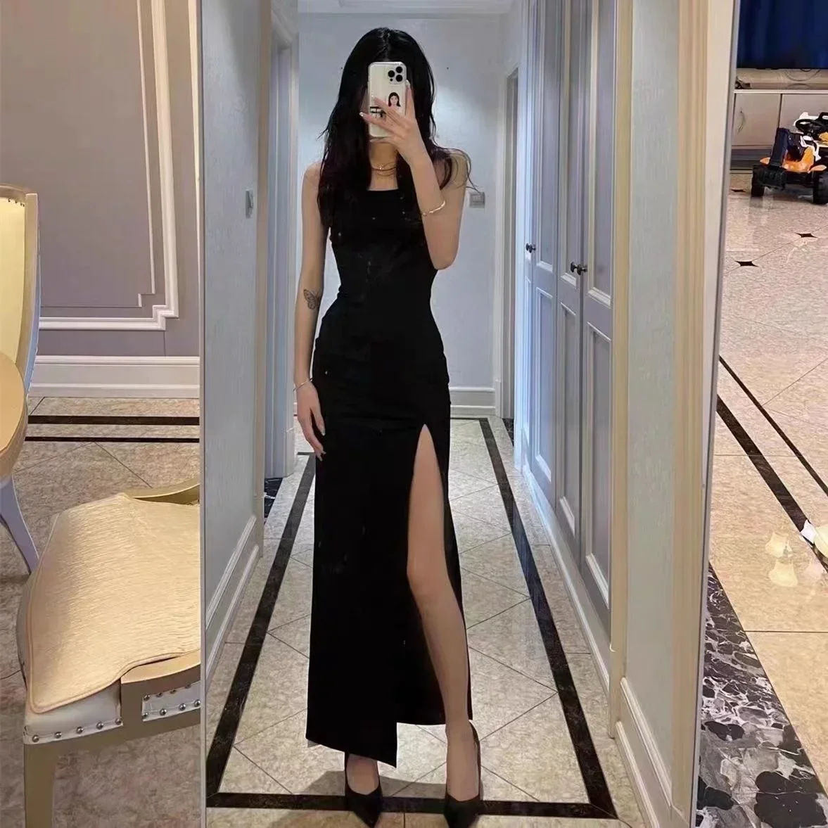 Light Girl Pure Design Black Split Hip Strap Women's Long Style with Party es Women Dress Vestidos Para Mujer