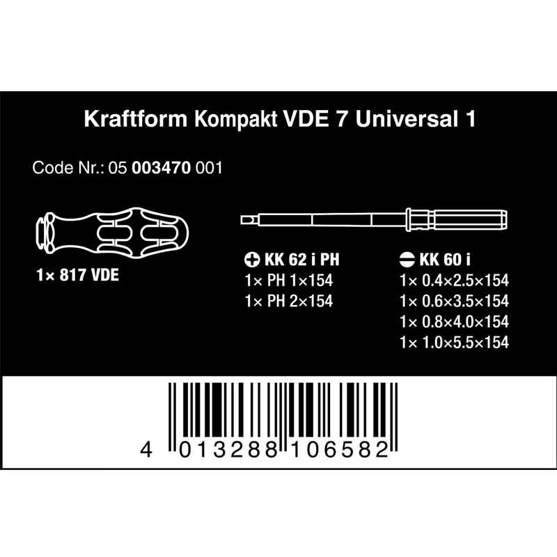 WERA 05003470001 Insulated Screwdriver Bit Set Multi Material Handle Interchangeable Tool Holder Convenient Replacement