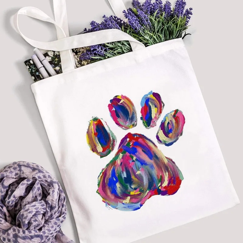 Semplice borsa a tracolla con stampa di zampe di cane Peace Love Ladies borsa per la spesa di grande capacità borsa a tracolla portatile in tela per