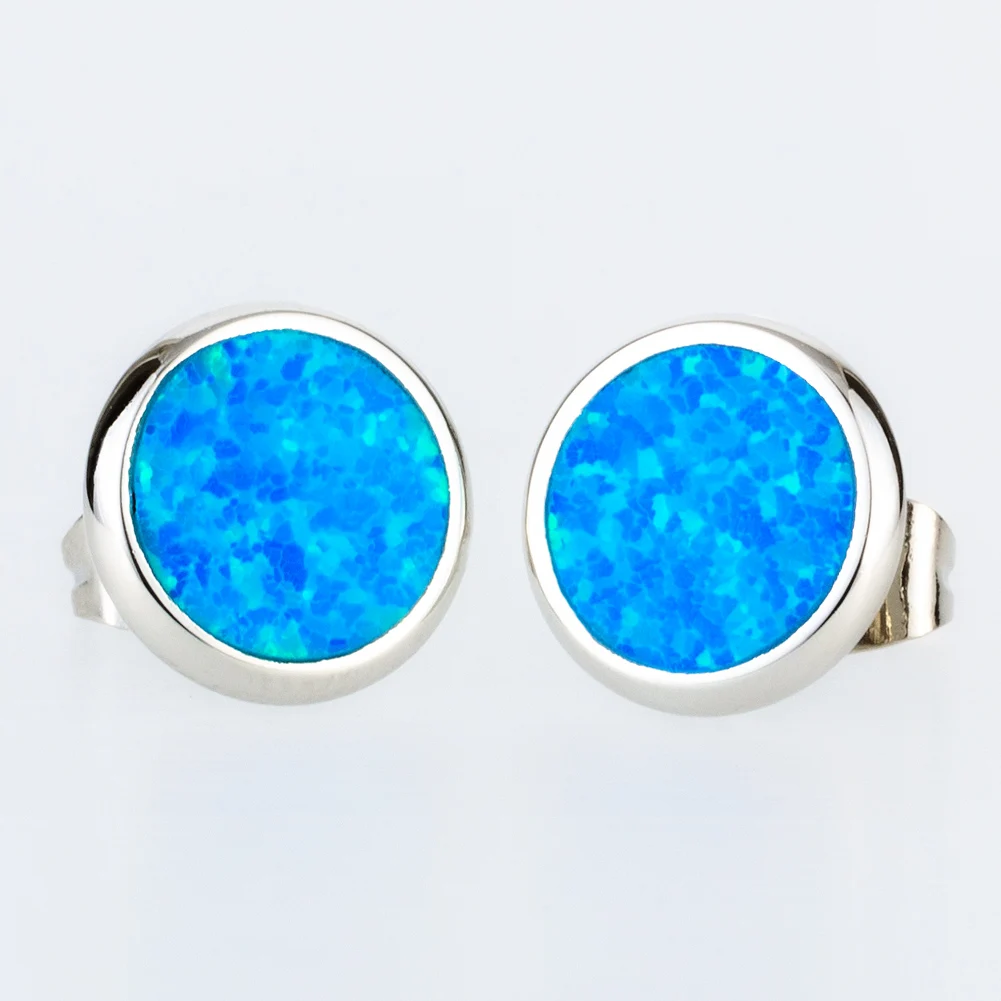 KONGMOON Round Ocean Blue Fire Opal Jewelry for Women Piercing Stud Earrings