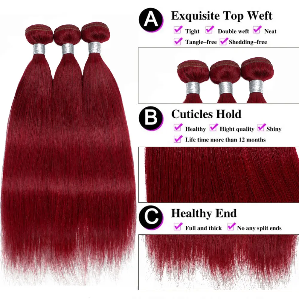 #99J Burgundy Straight Human Hair Bundles With Frontal 100% Unprocessed Brazilian Human Hair Extensions with Closure For Woman